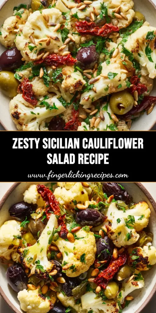 A close-up view of a vibrant Sicilian Cauliflower Salad featuring golden roasted florets, mixed olives, and fresh parsley in a rustic bowl.