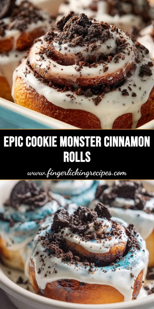 Bright blue Cookie Monster Cinnamon Rolls baked with dark cinnamon sugar, frosted with thick cream cheese glaze, and topped with crushed chocolate sandwich cookies.