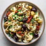 Top-down view of tender-crisp roasted cauliflower florets with sun-dried tomatoes, Kalamata olives, and pale yellow lemon dressing.