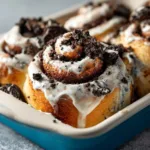 Close up shot of a bright blue dough cinnamon roll freshly baked, spiraled with dark brown cinnamon-sugar filling, sitting in a white ceramic dish.