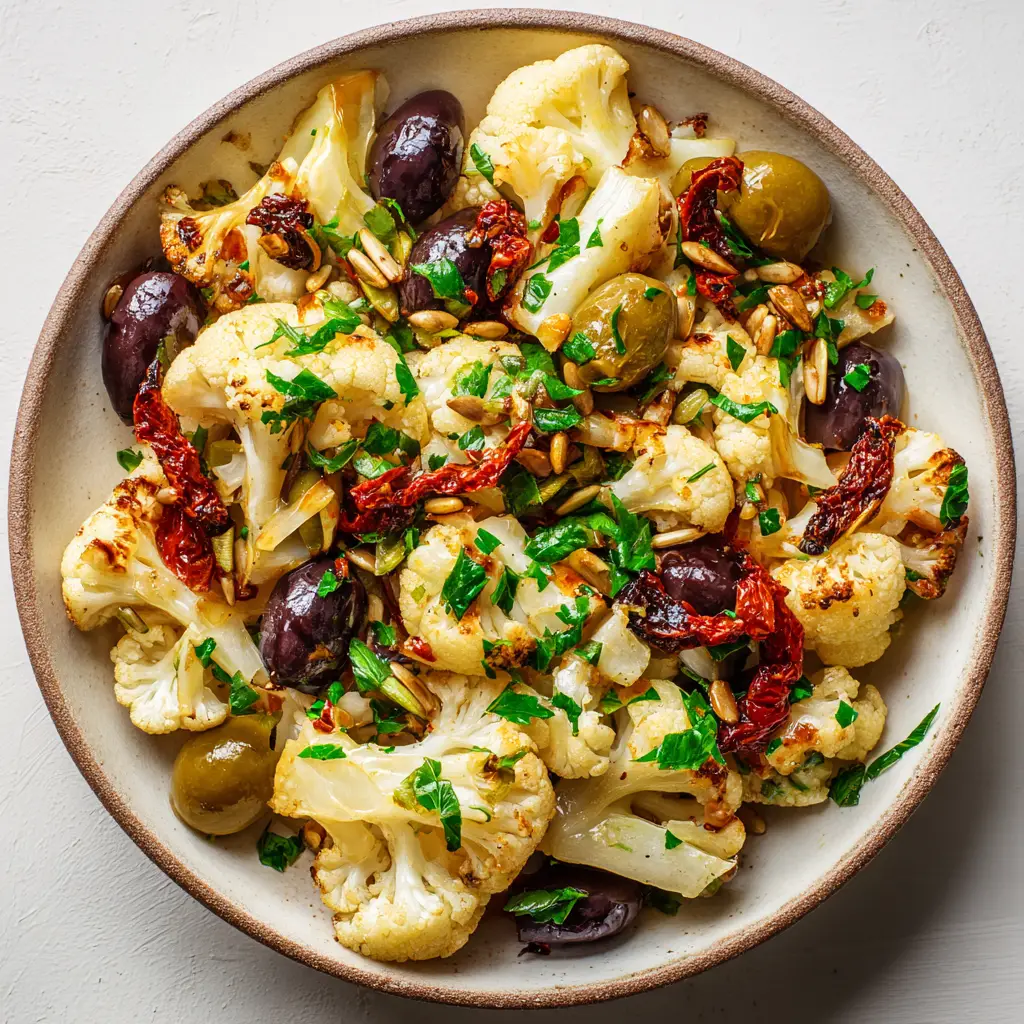 Rustic shallow ceramic bowl filled with vibrant Sicilian cauliflower salad, garnished with golden sunflower seeds and green parsley flakes.
