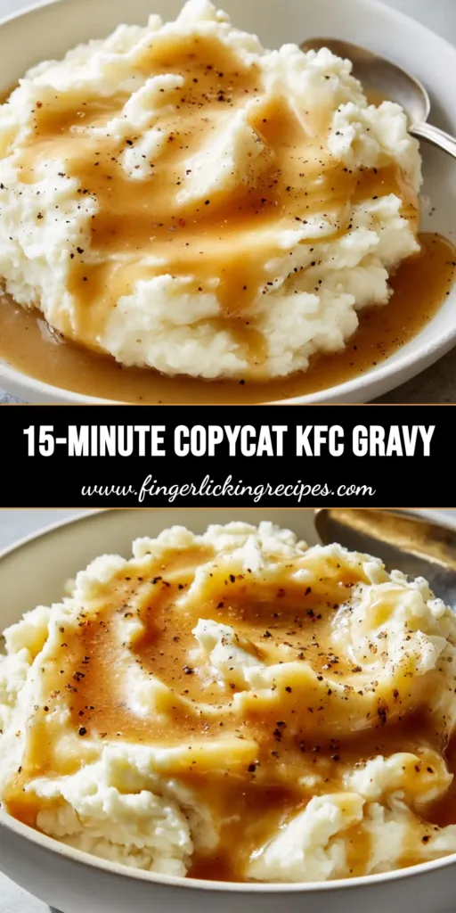 A large scoop of fluffy white mashed potatoes smothered in thick golden-brown Copycat KFC Gravy with visible black pepper specks.