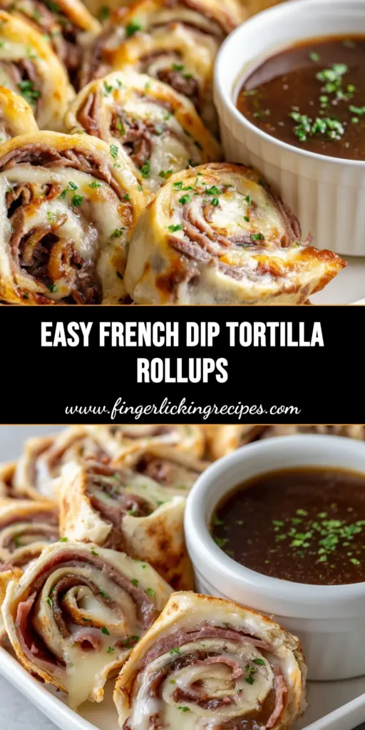 French Dip Tortilla Rollups: The Ultimate Savory Party Appetizer 5 A close-up of French dip tortilla rollups cut into thick pinwheel slices on a white ceramic platter, featuring thinly sliced roast beef, melted provolone cheese, caramelized onions, and a side of savory dark brown au jus broth garnished with parsley flakes.