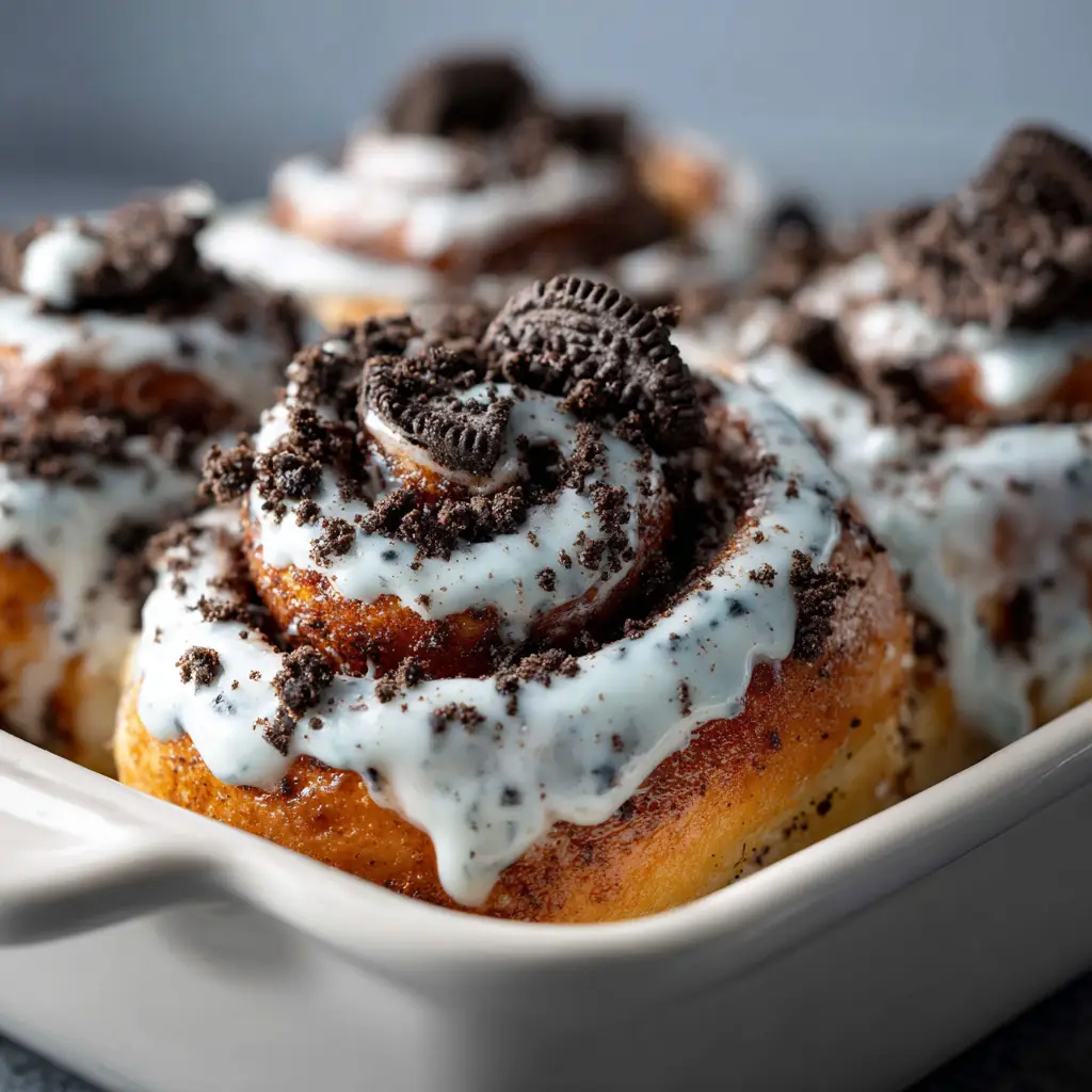 Thickly frosted bright blue cinnamon roll with white cream cheese glaze dripping down the sides, heavily topped with chunky crushed chocolate cream cookies.