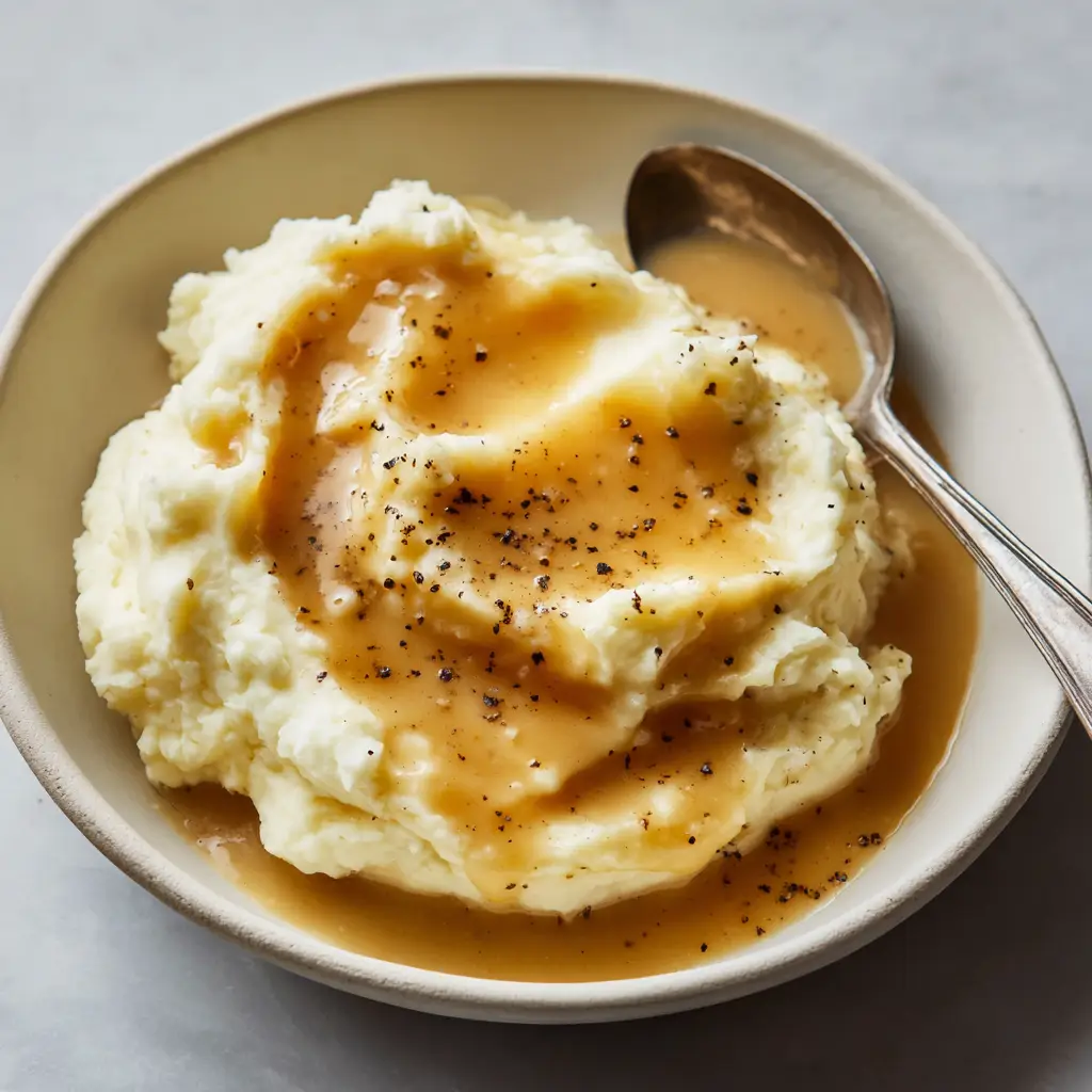 A silver gravy ladle resting on the edge of a shallow white bowl filled with Copycat KFC Gravy and mashed potatoes.