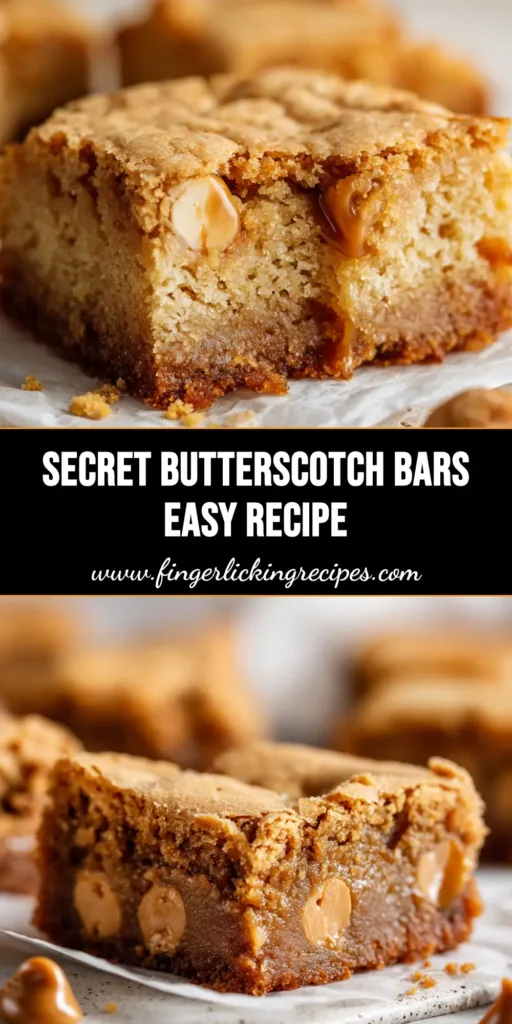 A close up shot of freshly baked golden brown Butterscotch Bars with a dense, chewy blondie texture, crackly top, and oozing melted butterscotch chips sitting on white parchment paper.