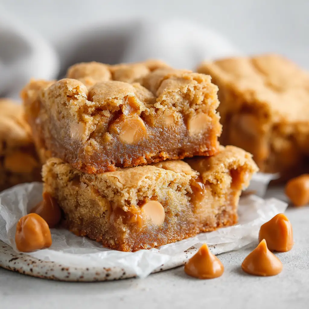 Whole butterscotch chips scattered over the crackly top of freshly baked blondie dessert squares.