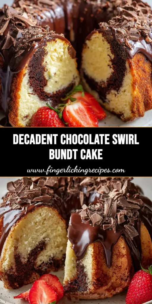 A magnificent Chocolate Swirl Bundt Cake featuring a thick dripping glossy dark chocolate ganache, shaved chocolate curls, and fresh strawberries.