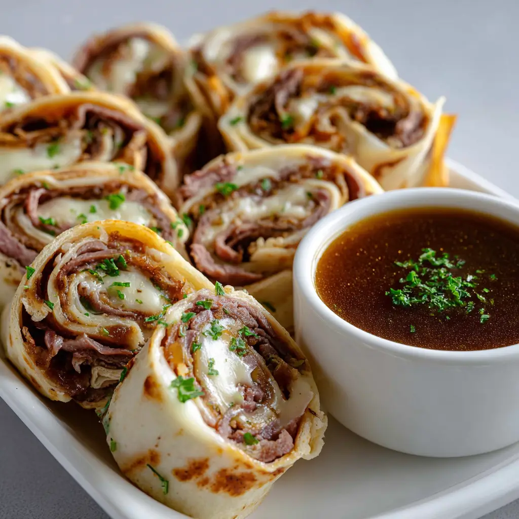 French Dip Tortilla Rollups: The Ultimate Savory Party Appetizer 3 Unedited handheld smartphone photo showing a cross-section of French dip tortilla rollups filled with folded roast beef, melted cheese, and brown onions next to a dipping bowl of au jus.