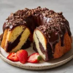 A freshly sliced fluted Chocolate Swirl Bundt Cake on a ceramic dessert plate, revealing distinct interior crumb layers of rich dark chocolate and creamy pale vanilla swirled together.