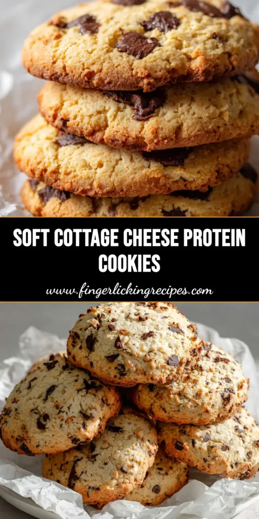 Close-up of a stack of soft-baked cottage cheese protein cookies resting on crinkled white parchment paper with melted chocolate chips.