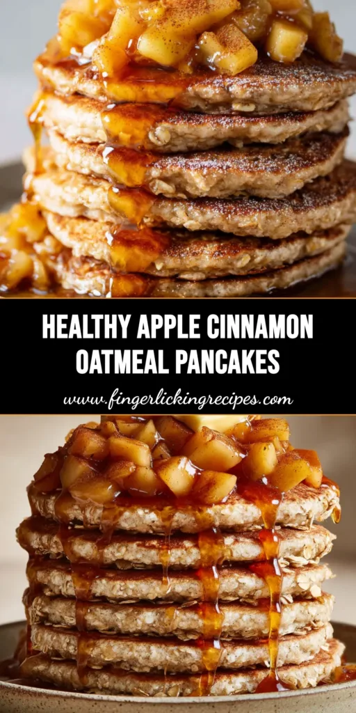 Healthy Apple Oatmeal Pancakes for a Cozy Breakfast 5 A towering stack of thick, fluffy Healthy Apple Oatmeal Pancakes topped with sautéed diced apples, a butter square, and drizzled with amber maple syrup.
