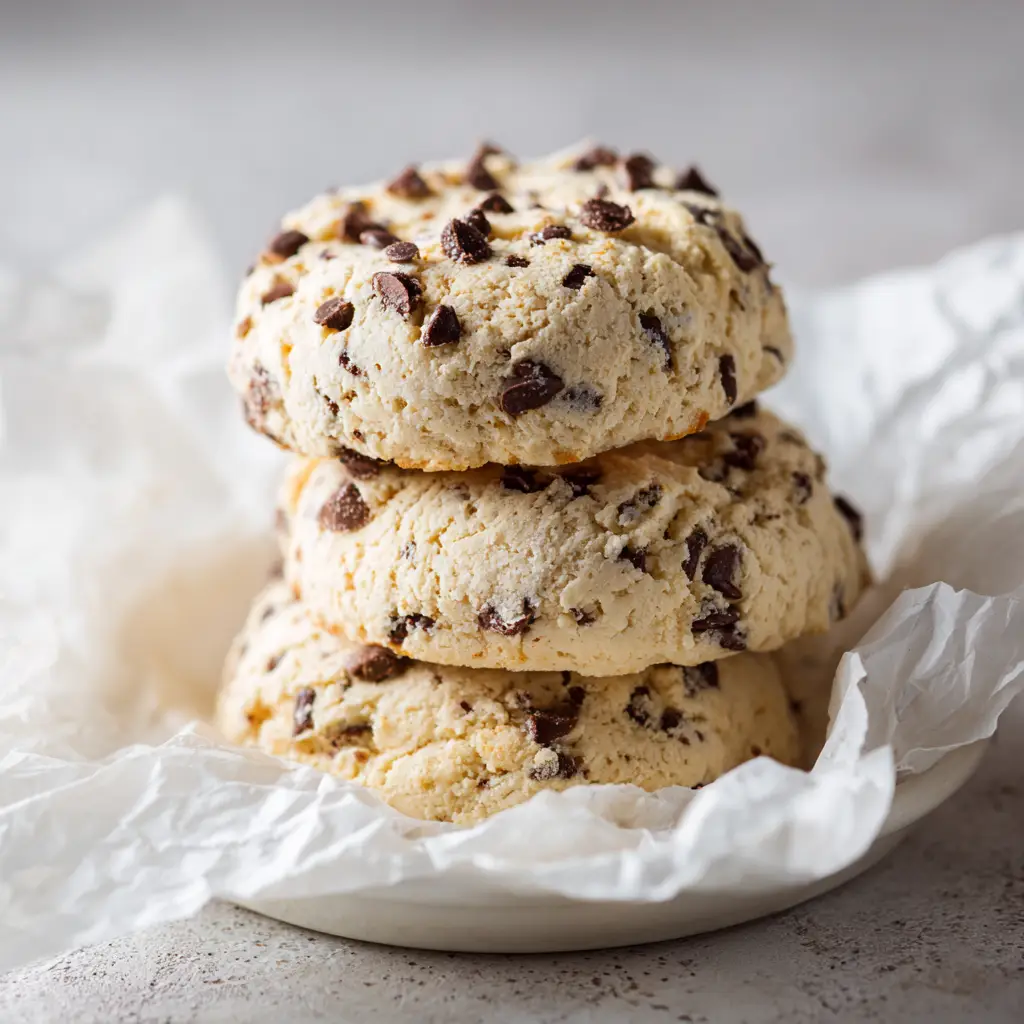 Soft natural daylight casting gentle shadows over a stack of soft-baked cottage cheese protein cookies.