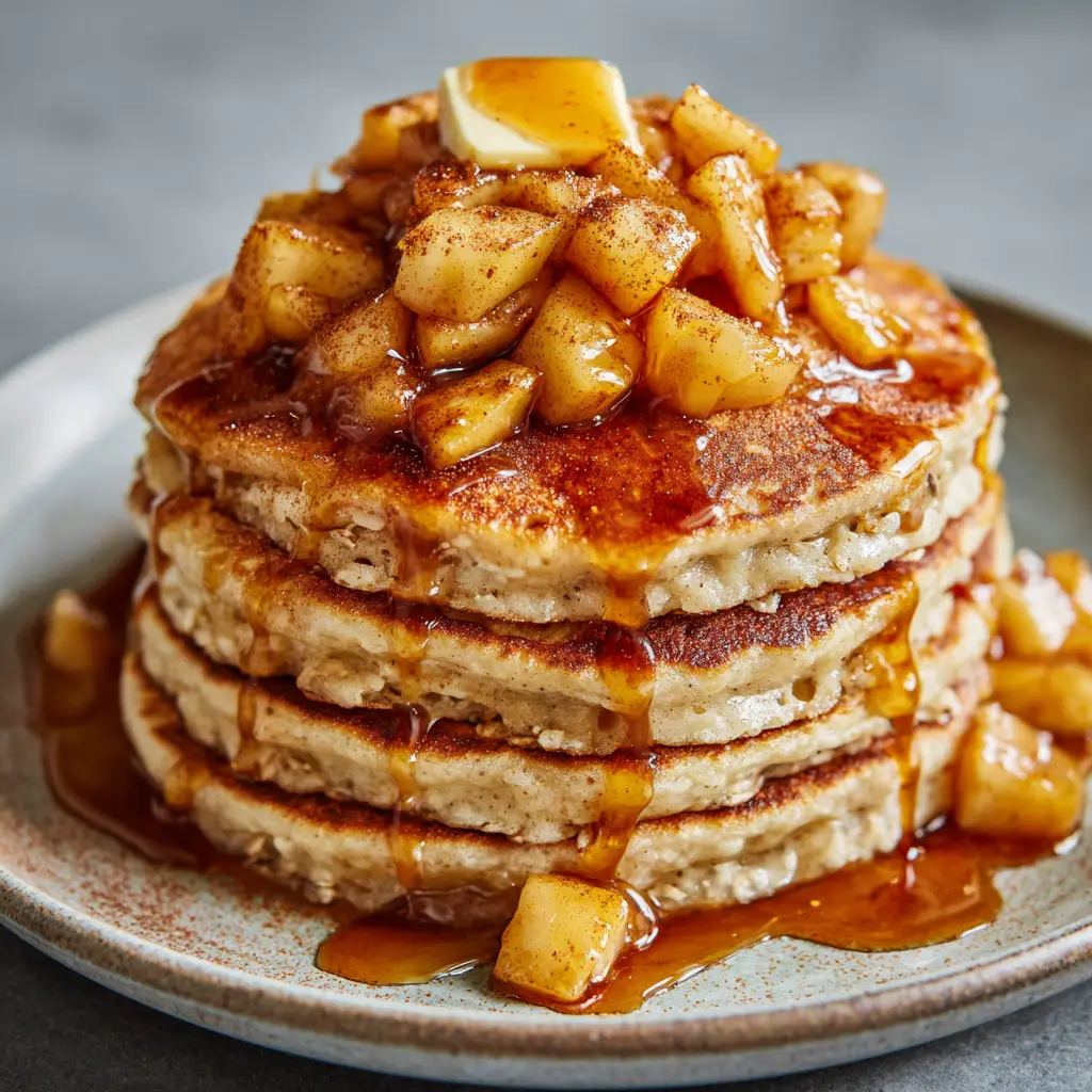 Healthy Apple Oatmeal Pancakes for a Cozy Breakfast 3 Close up of Healthy Apple Oatmeal Pancakes showing visible rolled oats and a porous, fluffy texture on a rustic plate.