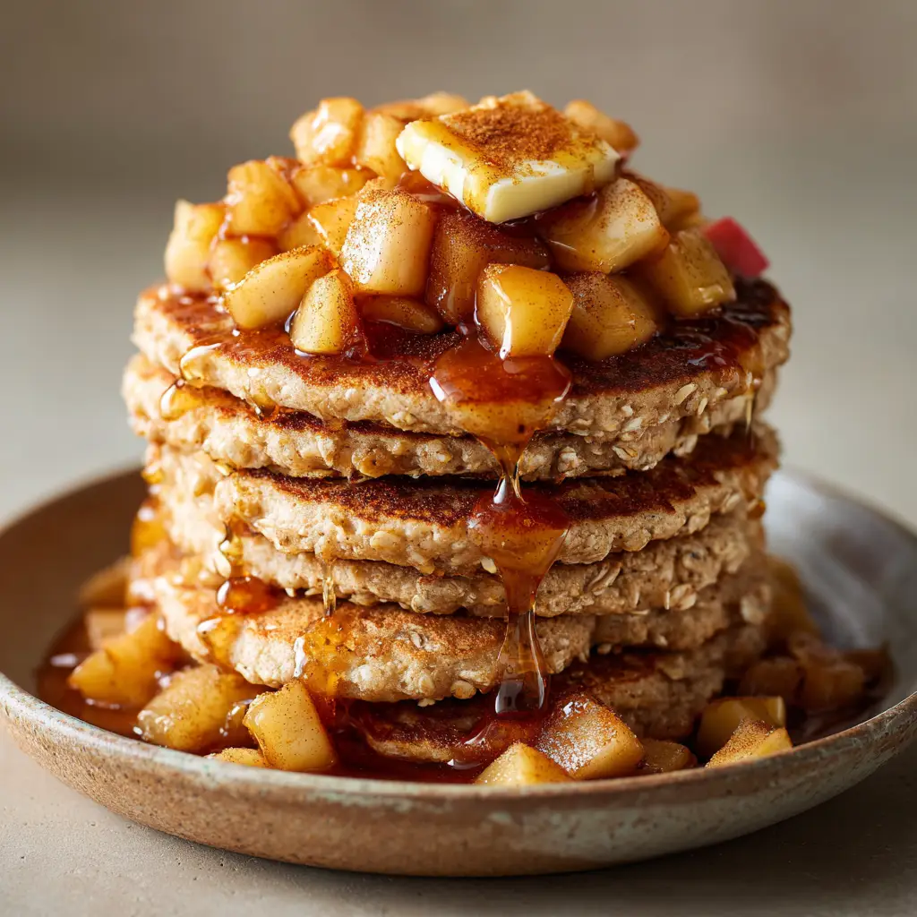 Healthy Apple Oatmeal Pancakes for a Cozy Breakfast 2 Sautéed diced apples in a glossy caramel spiced syrup poured over a tall stack of golden-brown oatmeal pancakes.