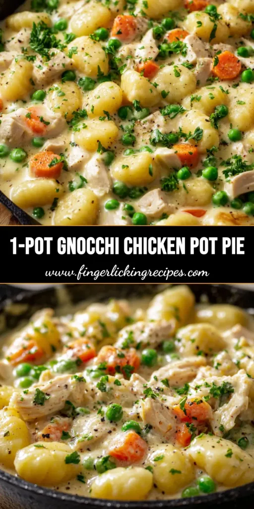 A shareable pin image of Skillet Gnocchi Chicken Pot Pie, showing a close-up of the creamy dish in a cast iron pan with text overlay.