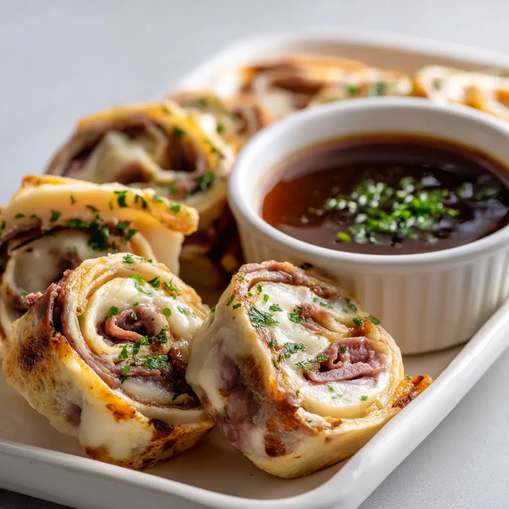 French Dip Tortilla Rollups: The Ultimate Savory Party Appetizer 2 Close-up of thick French dip pinwheel slices showing glossy melted provolone cheese and rich brown caramelized onions under soft natural daylight.