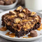 A close-up of a square slice of gooey chocolate and peanut butter dump cake resting on a white ceramic plate. (Peanut Butter Cup Dump Cake)