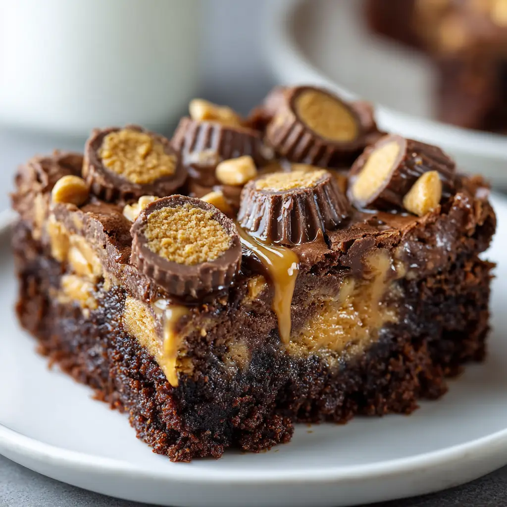 A detailed shot of the molten peanut butter and chocolate topping on the dump cake, with softened peanut butter cups visible.