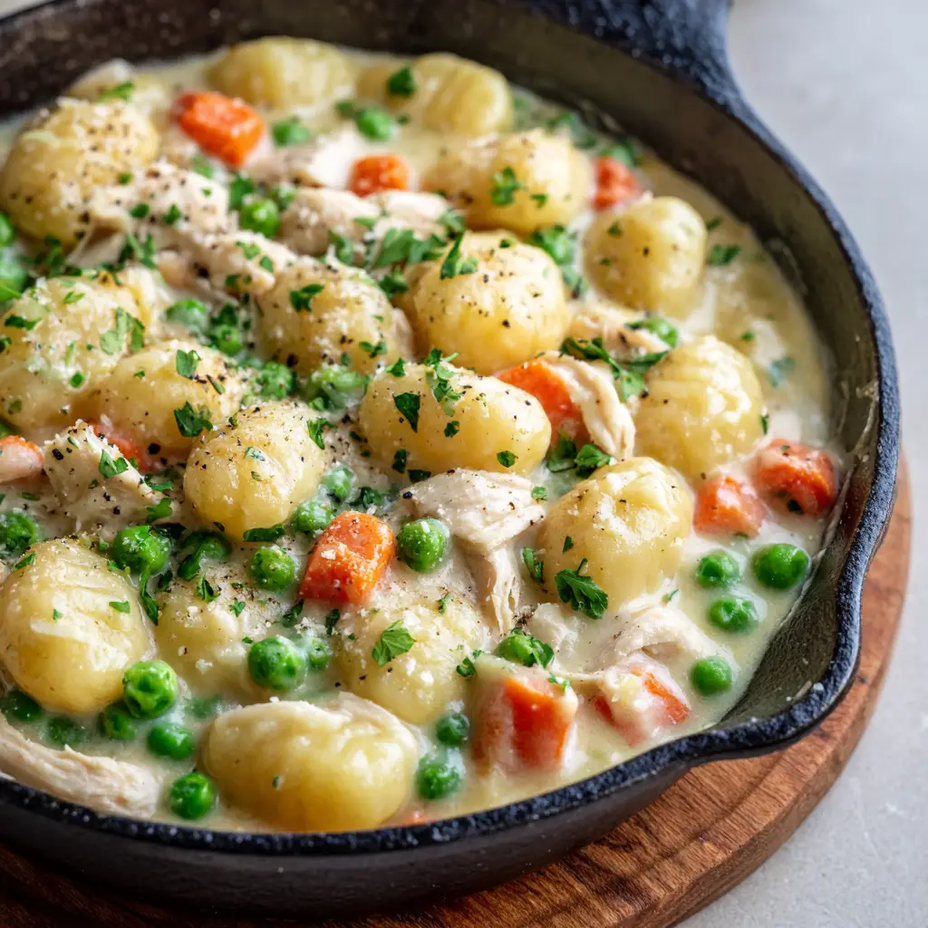 An overhead shot of the Gnocchi Chicken Pot Pie, garnished with fresh parsley and cracked black pepper, served on a wooden trivet.