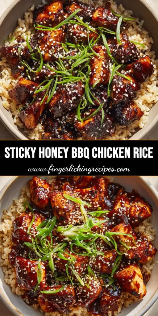 A vibrant Honey BBQ Chicken Rice bowl seen from above. Sticky, glossy chicken pieces are piled on fluffy brown rice, garnished with sesame seeds and green scallions.