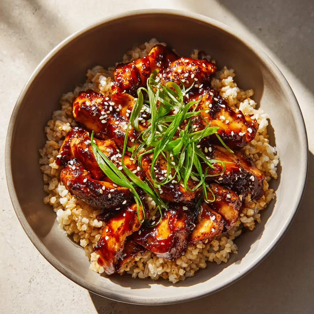 A side view of the Honey BBQ Chicken Rice, showing the texture of the fluffy brown rice beneath the saucy chicken.