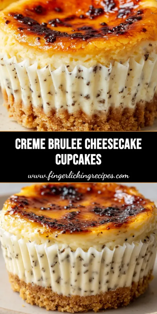 Close-up of an elegant vanilla bean creme brulee cheesecake cupcake featuring a cracked amber sugar crust and white fluted paper liner.