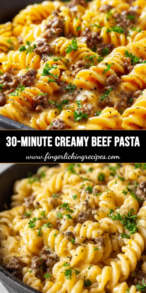 A close-up vertical shot of Creamy Ground Beef Pasta in a matte black cast iron skillet, garnished with fresh green parsley and coarse black pepper.
