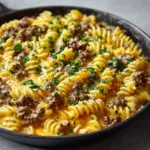 Close-up view of cooked rotini spirals heavily coated in a glossy yellow-orange cheddar cream sauce with seared beef crumbles. (Creamy Ground Beef Pasta)