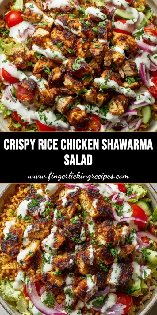 The Ultimate Chicken Shawarma Crispy Rice Salad 5 A vibrant wide shallow ceramic bowl featuring Chicken Shawarma Crispy Rice Salad with charred chicken chunks, golden rice clusters, fresh veggies, and a creamy tahini drizzle.