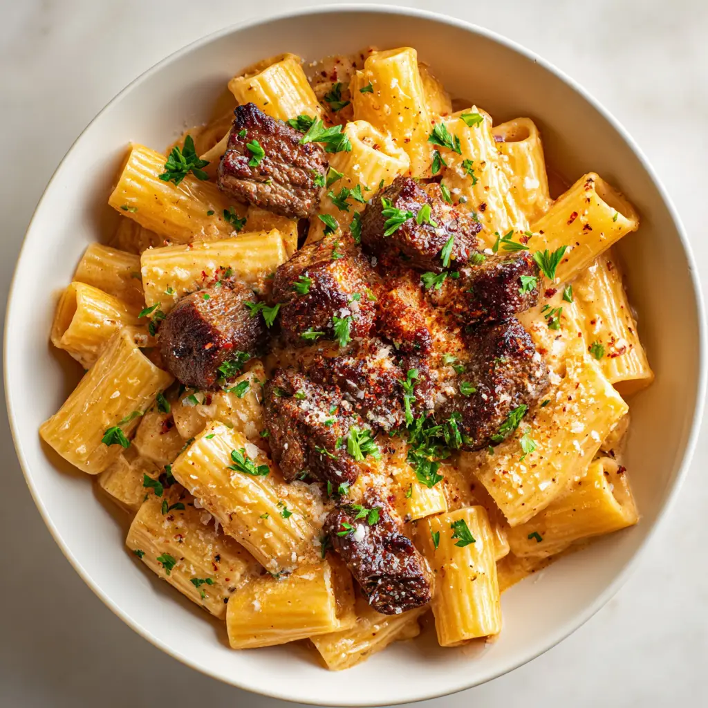 Bite-sized, seared and heavily charred sirloin steak tips dusted with reddish-brown cajun seasoning over creamy rigatoni pasta.