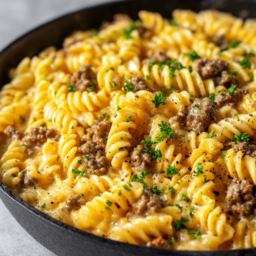 Unedited handheld smartphone photo of deeply browned ground beef crumbles mixed into thick creamy cheese pasta, topped with parsley. (Creamy Ground Beef Pasta)