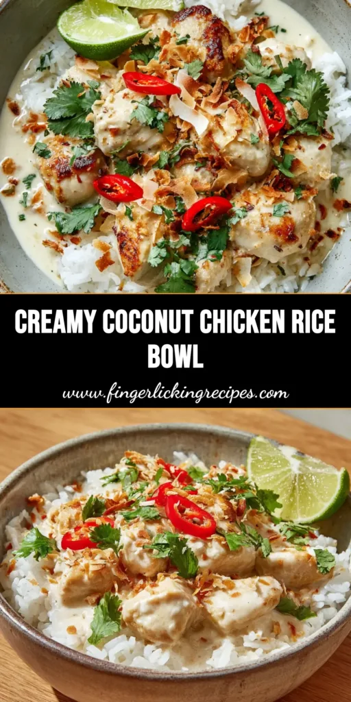 A rustic ceramic bowl filled with fluffy white jasmine rice, topped with golden-brown diced chicken in a thick, opaque white coconut sauce. Garnished with cilantro, toasted coconut, red chili, and a lime wedge.