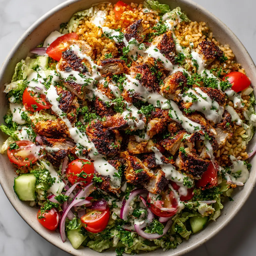 The Ultimate Chicken Shawarma Crispy Rice Salad 2 Detailed view of the zig-zag creamy white garlic tahini sauce drizzled over golden pan-fried rice clusters and sliced red onions.