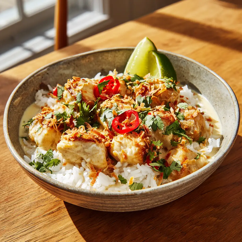 Side angle of a rustic bowl on a wooden table, containing jasmine rice, coconut chicken, toasted coconut flakes, and a wedge of fresh lime.
