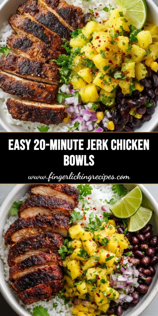 A top-down view of a vibrant Jerk Chicken Bowl featuring charred grilled chicken slices, fresh pineapple salsa, roasted corn, and black beans on white rice.
