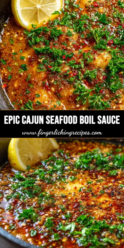 A top-down view of a bubbling, deep orange-red Seafood Boil Sauce in a black cast iron skillet loaded with chunky garlic and parsley.