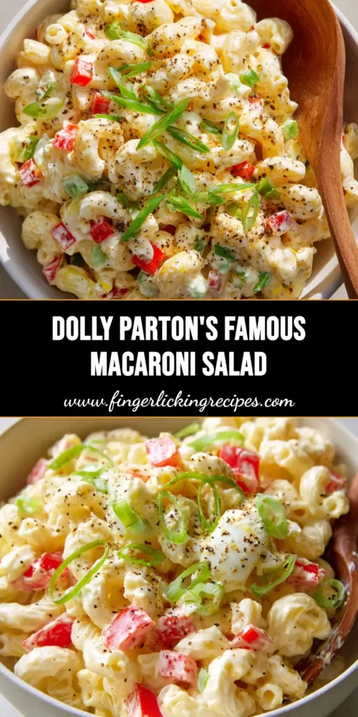 A top-down view of the Dolly Parton Macaroni Salad in a white ceramic bowl, featuring thick ivory dressing and vibrant red peppers. (Dolly Parton Macaroni Salad)