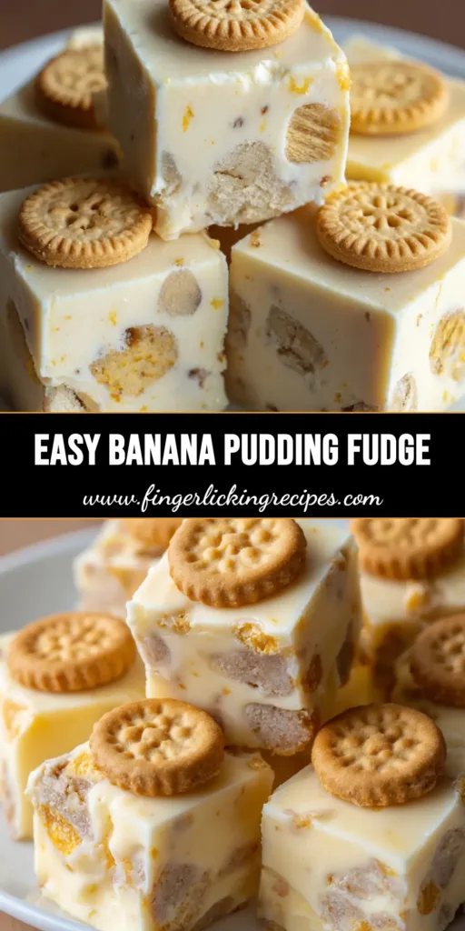 A stack of pale yellow Banana Pudding Fudge squares topped with mini vanilla wafers on a white plate.