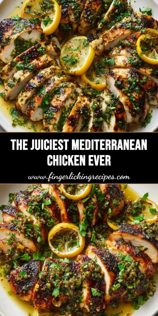 Slices of seared Mediterranean chicken breast with lemon wheels and fresh parsley on a white plate. (Mediterranean Chicken Marinade)