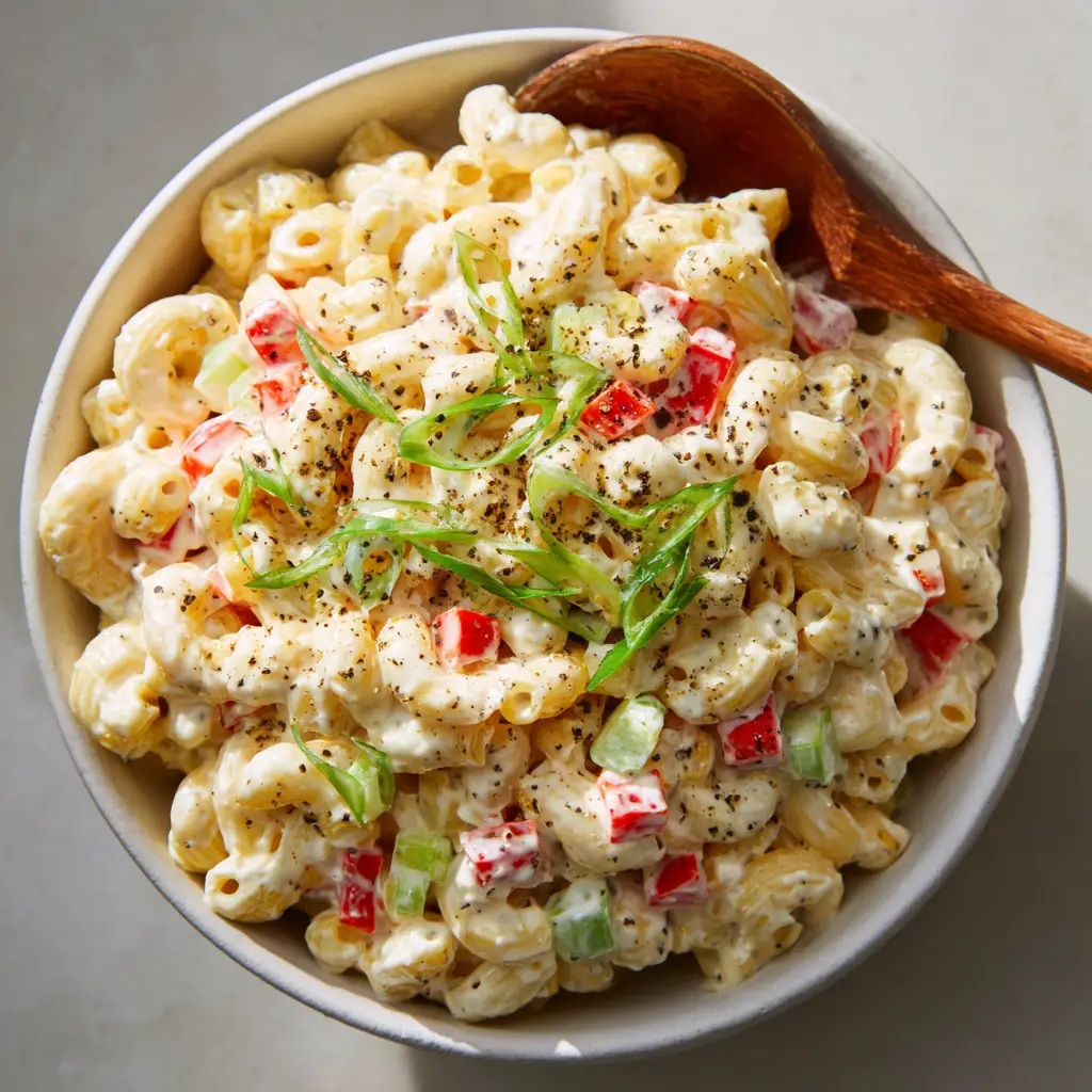 A wooden spoon resting in a bowl of Dolly Parton Macaroni Salad with cracked black pepper and scallions on top. (Dolly Parton Macaroni Salad)