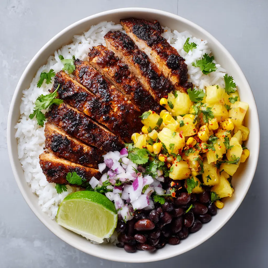 Fresh pineapple salsa with red onions and cilantro served over fluffy white rice in a Jerk Chicken Bowl.