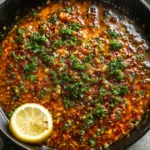 Close-up of thick, rich Seafood Boil Sauce loaded with minced garlic, red chili flakes, and black pepper specks.
