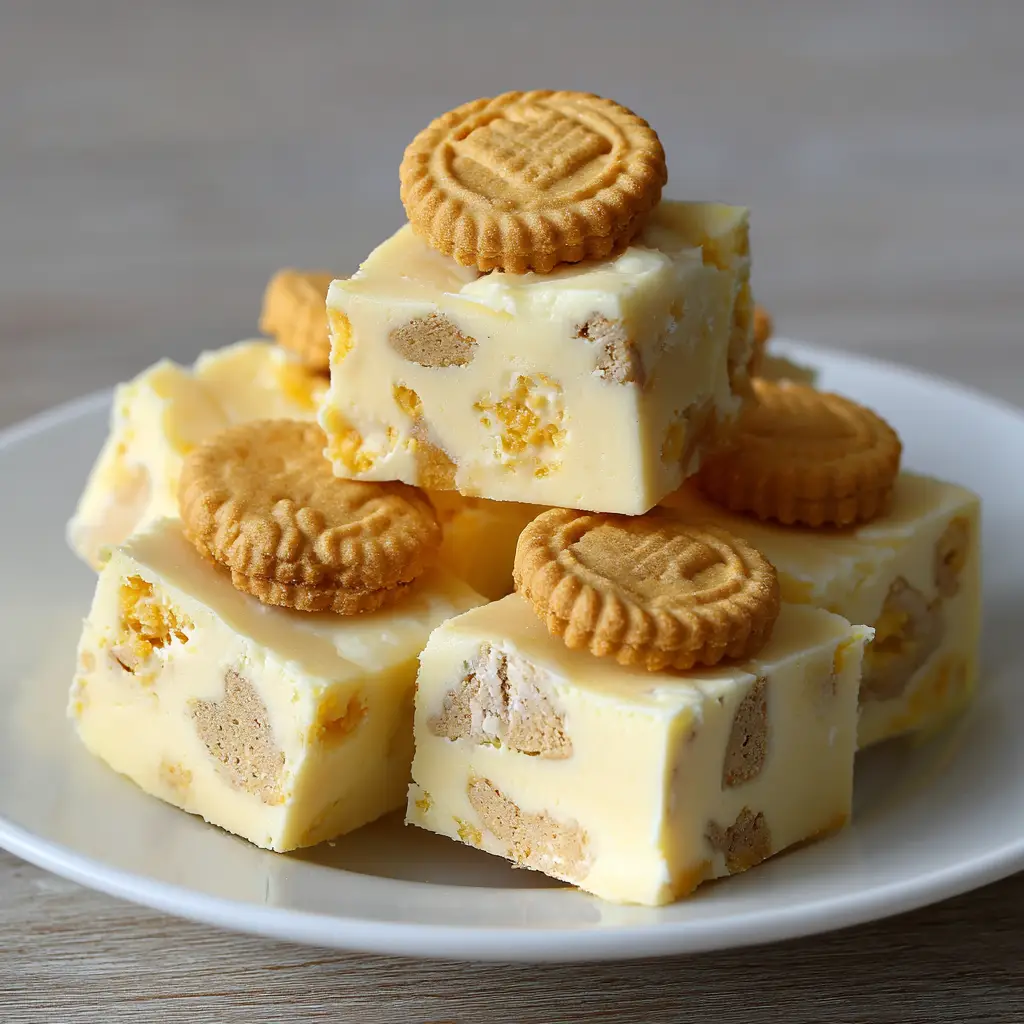 Stacked Banana Pudding Fudge squares on a wooden surface with soft natural lighting.