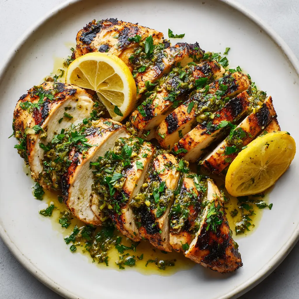 Sliced Mediterranean chicken served on a neutral white plate with lemon wheels and chopped flat-leaf parsley.