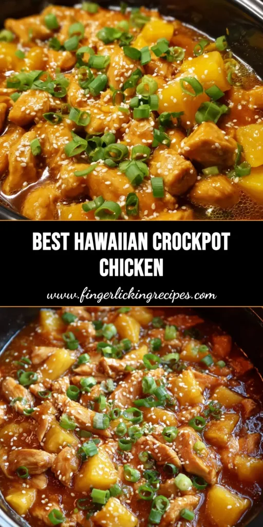 A top-down view of Slow Cooker Hawaiian Chicken in a black crockpot, featuring tender chicken, pineapple chunks, and a thick mahogany glaze topped with scallions and sesame seeds.