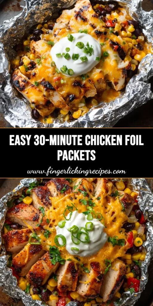 A top-down view of open Santa Fe Chicken Foil Packets showing seared chicken, melted cheddar, black beans, and a dollop of sour cream on a rustic tray.