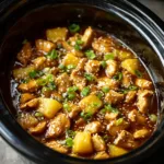 Close-up handheld photo of Slow Cooker Hawaiian Chicken showing the glossy, mahogany-colored sauce and bright yellow pineapple chunks.