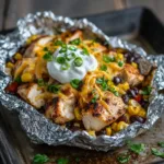 Smartphone photo of an open foil packet with seared chicken, melted cheese, and a dollop of sour cream. (Santa Fe Chicken Foil Packets)