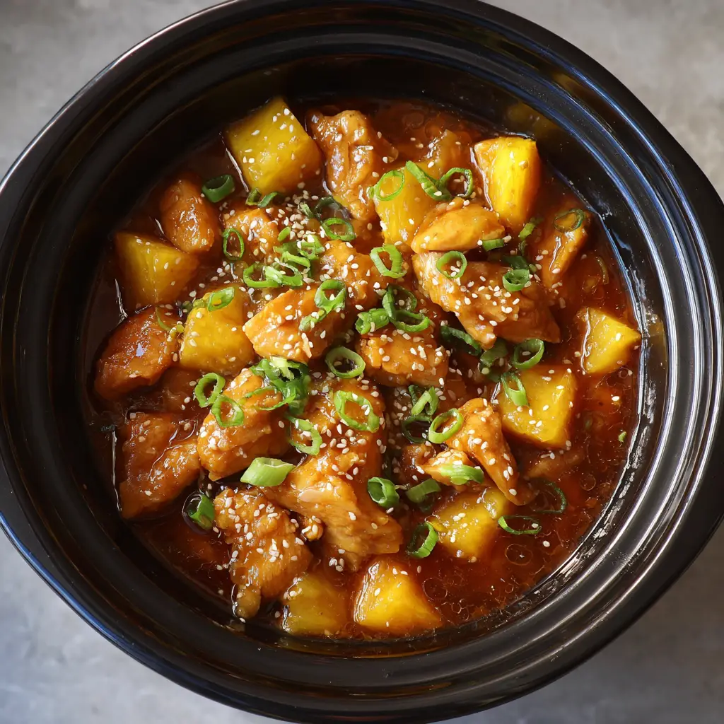 Slow Cooker Hawaiian Chicken simmering in a black ceramic pot with visible bubbles and fresh green scallion garnish.